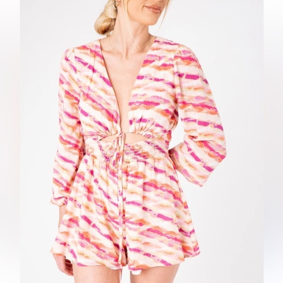 Meet Me In Santorini Pink, Orange, White Peekaboo Goddess Romper - Picture 2 of 16